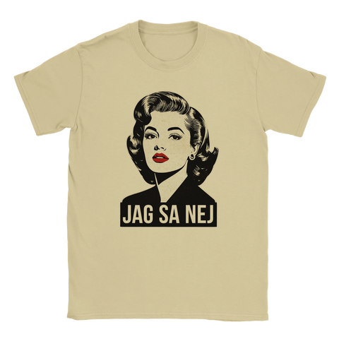 Beige t-shirt med grafisk illustration av kvinna i 50-talsstil