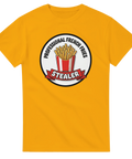 Gul t-shirt med humoristiskt emblem föreställande en pommes frites-box