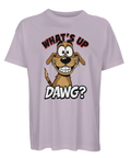 Lila oversized t-shirt med humoristisk cartoon-hund och texten What's up Dawg