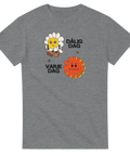 Tecknad ledsen tusensköna och röd sol med texten "Dålig dag + Varje dag" på grå T-shirt.