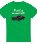 Pontiac Bonneville 1967 coupé med text på grön t-shirt.