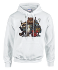 Vit hoodie med en absurd illustration av en robot och en krabba