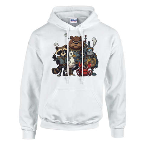 Vit hoodie med en absurd illustration av en robot och en krabba