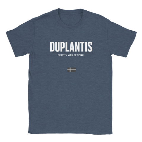 Stålblå t-shirt med uttrycksfull typografi inspirerad av världsrekord i stavhopp