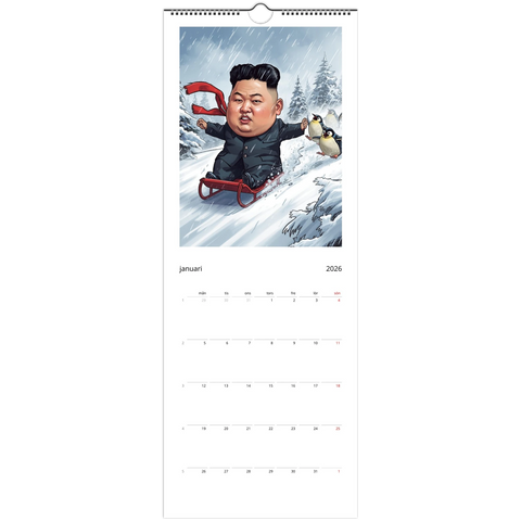 Satirisk King Jong-Un på röd kälke med pingviner i snö, "King Jong-Fun" väggkalender 2026.