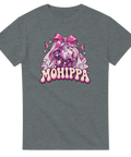 Mörkgrå t-shirt med texten ”Möhippa”, discokula, rosa rosett och brudslöja.