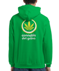Ljusgrön hoodie med humoristisk parodi-design av ett politiskt parti-emblem