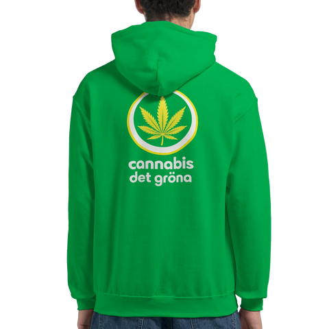 Ljusgrön hoodie med humoristisk parodi-design av ett politiskt parti-emblem