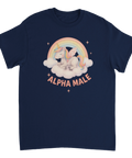 Tecknad enhörning på moln med regnbåge och text "ALPHA MALE" på marinblå t-shirt.
