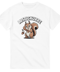 Tecknad ekorre med ekollon och texten Lustigkurre – grafisk t-shirt