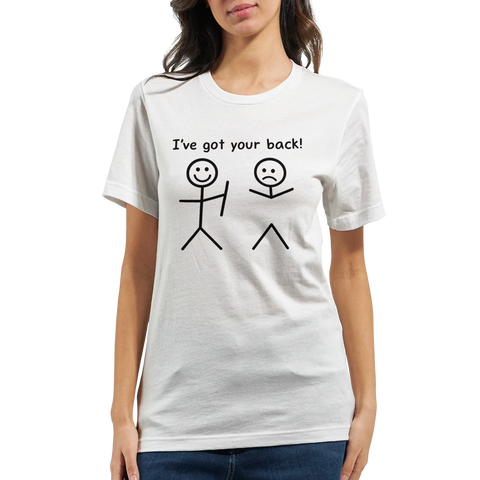 I've got your back!" t-shirt med glad streckgubbe som stöder ledsen streckgubbe, vit premium T-shirt.