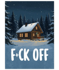 Illustration av en upplyst timmerstuga i en snöig vinternatt med granskog och vit text i versaler som lyder F+CK OFF.