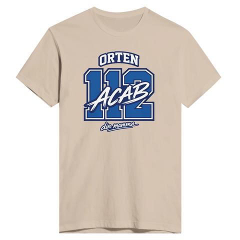 Orten 112 ACAB din mamma tryck i blått och vitt på beige premium t-shirt.