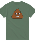 Leende bajsemoji-tryck på olivgrön t-shirt.