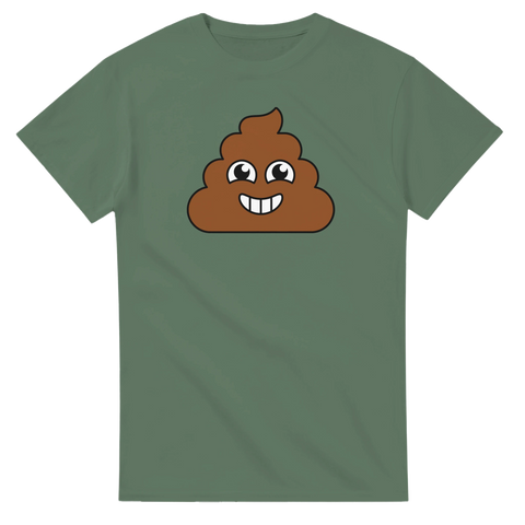 Leende bajsemoji-tryck på olivgrön t-shirt.
