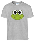 Tecknad Kermit-ansikte med stora ögon och leende på gråmelerad barntröja.