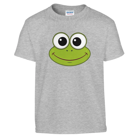 Tecknad Kermit-ansikte med stora ögon och leende på gråmelerad barntröja.