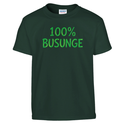 Grön barntröja med lekfullt texttryck 100% Busunge – rolig t-shirt