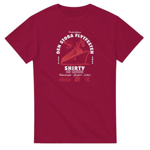 Vinröd t-shirt med grafiskt motiv av en räksmörgås och jackpot-symboler
