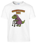 Retroinspirerad dinosaurie i tantkläder – roligt motiv på vit barntröja