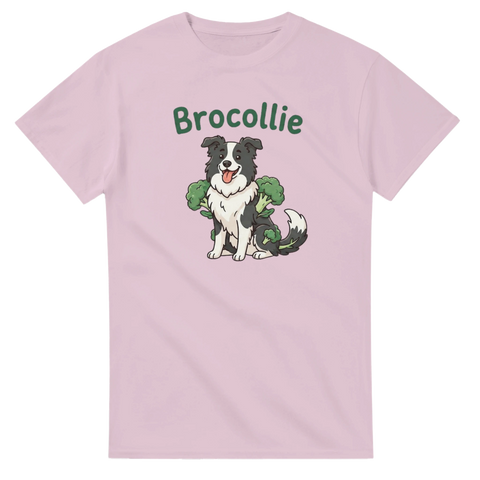 Söt Border Collie tecknad med grönsaker – humoristiskt tryck på rosa t-shirt