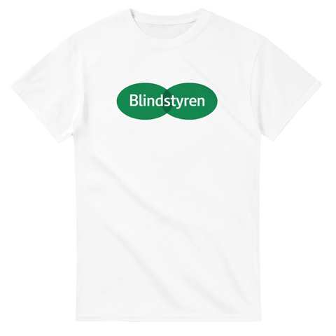 Grafisk parodi på optiker-logotyp med texten Blindstyren – vit t-shirt