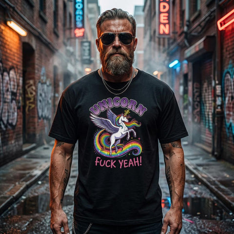 Skäggig man i solglasögon bär en oversized t-shirt med enhörningsmotiv