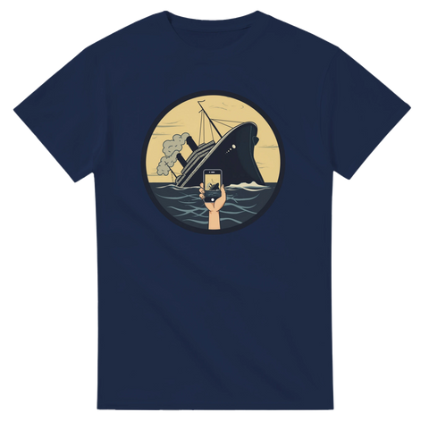Cirkulär design med mörk humor om sociala medier och Titanic – marinblå t-shirt