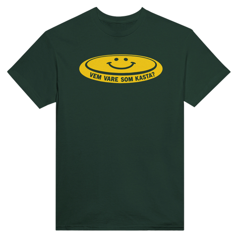Gul smiley i retrostil med texten Vem vare som kasta – rolig t-shirt