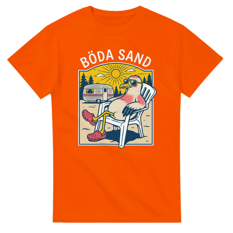 Grafiskt tryck med mås i foppatofflor och retro husvagn – orange t-shirt