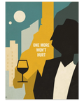 Närbild på texten One more won't hurt på en konstposter i vintage-stil med varma gula och svala blå toner.