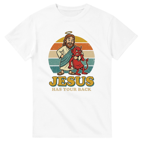 Jesus håller djävulen i ett retro-inspirerat tryck med texten "Jesus has your back" på vit t-shirt.