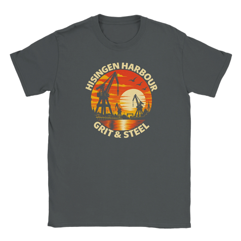 T-shirt med hamnmotiv i retrostil och texten Hisingen Harbour – Grit & Steel