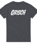 Minimalistiskt Grisch-tryck i vit vintage-stil på en mörkgrå t-shirt