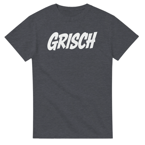 Minimalistiskt Grisch-tryck i vit vintage-stil på en mörkgrå t-shirt