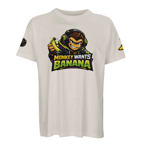 Lekfull mascot-design med gaming-apa på ljusgrå oversized t-shirt