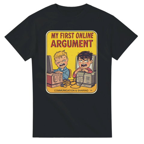 T-shirt med ironiskt motiv föreställande ett internetbråk i vintage pedagogikstil