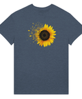 Botanisk design med solrosmotiv och flygande kronblad på melerad t-shirt