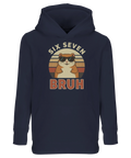 Hamster med solglasögon "Six Seven Bruh" på marinblå barnhoodie med känguruficka.