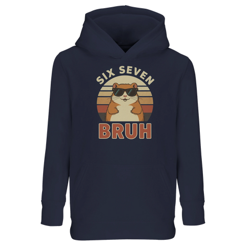 Hamster med solglasögon "Six Seven Bruh" på marinblå barnhoodie med känguruficka.