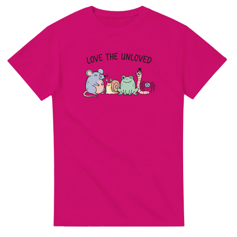 Love the Unloved t-shirt med gulliga djur och text – mörkrosa