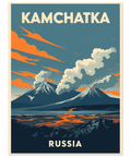 Retro reseposter av Kamchatka med rykande vulkaner, orangea moln och blå himmel i grafisk illustrationsstil.