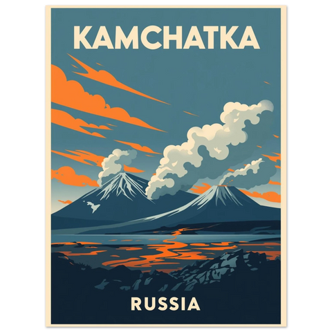 Retro reseposter av Kamchatka med rykande vulkaner, orangea moln och blå himmel i grafisk illustrationsstil.