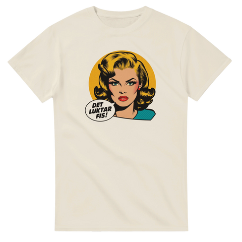 Klassisk pop art design med satirisk text i pratbubbla – beige t-shirt