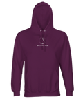 Vitt Skitfiske-hook motiv på mörklila premium hoodie.