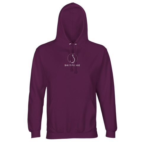 Vitt Skitfiske-hook motiv på mörklila premium hoodie.