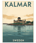 Grafisk illustration av Kalmar slott vid havet – vintage poster