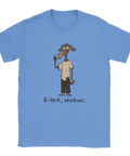 Blå t-shirt med shitpost-estetik och en hund som pekar finger