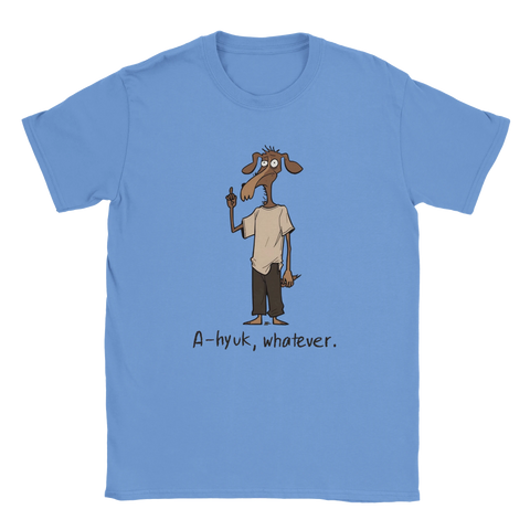 Blå t-shirt med shitpost-estetik och en hund som pekar finger