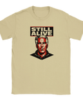 Beigefärgad t-shirt med spetsig politisk satir i grafisk stencilstil